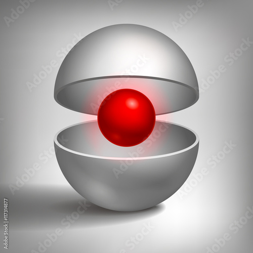 Vector volume hollow sphere, open shape, inside a red ball, abstract object for you project design