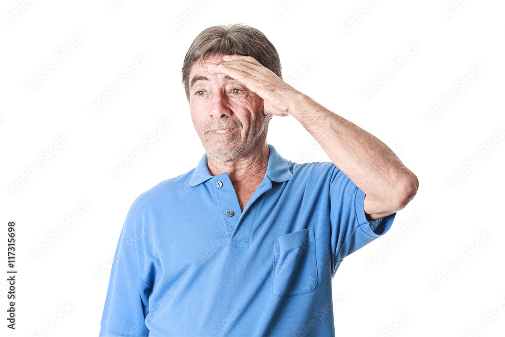 Elderly man suffering from a headache isolated on white backgrou Elderly man suffering from a headache isolated on white backgrou