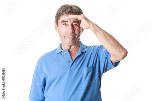 Elderly man suffering from a headache isolated on white backgrou