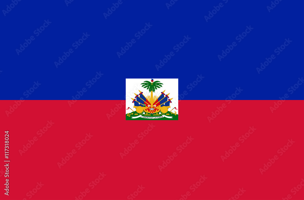 Vector flat style Republic of Haiti state flag. Official design of Haiti national flag. Symbol with stripes and coat of arms emblem. Independence day, holiday, button, template background illustration Vector flat style Republic of Haiti state flag. Official design of Haiti national flag. Symbol with stripes and coat of arms emblem. Independence day, holiday, button, template background illustration