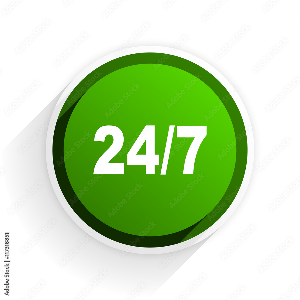 24/7 flat icon with shadow on white background, green modern design web element 24/7 flat icon with shadow on white background, green modern design web element