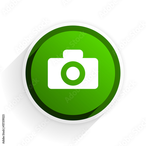 camera flat icon with shadow on white background, green modern design web element