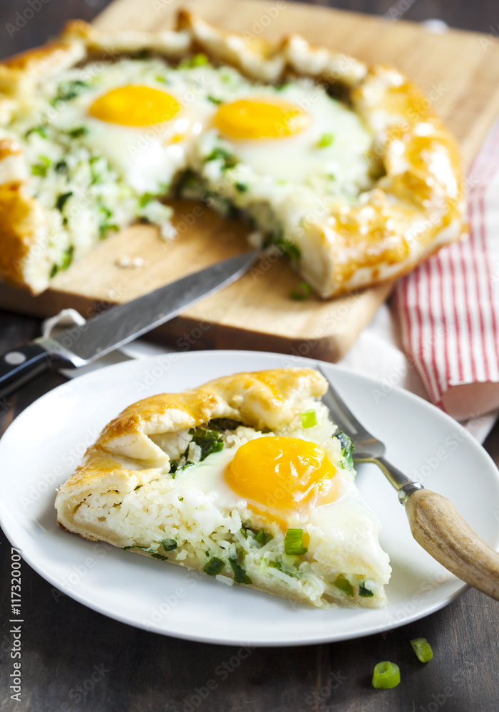 Pie with rice, green onions and egg. Galette Pie with rice, green onions and egg. Galette