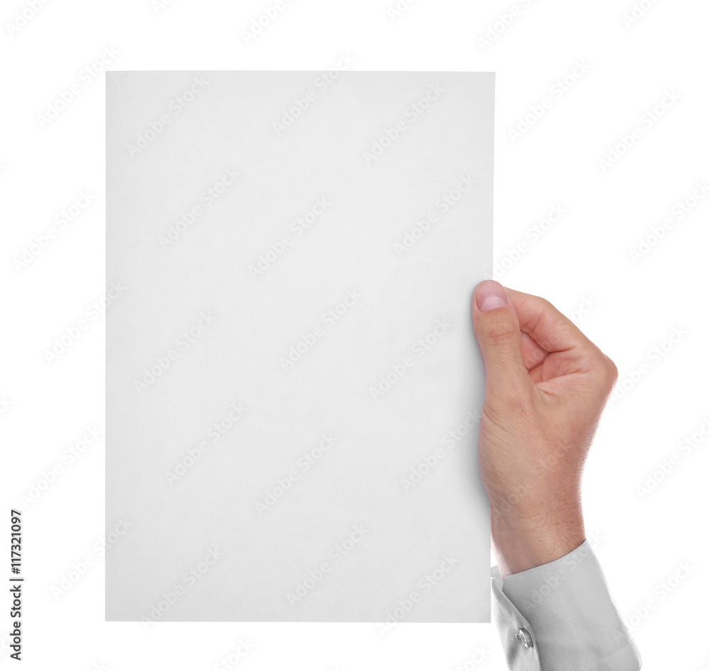 Man hand with white paper , isolated on white Man hand with white paper , isolated on white