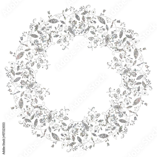 Circle silver floral frame in doodle style