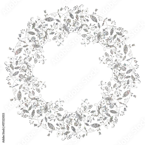 Circle silver floral frame in doodle style