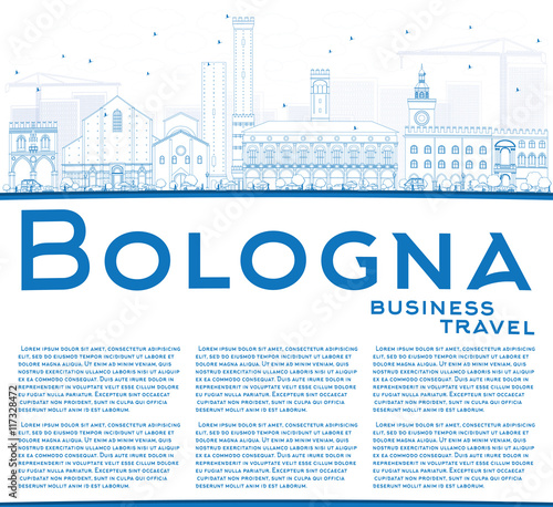 Outline Bologna Skyline with Blue Landmarks and Copy Space.
