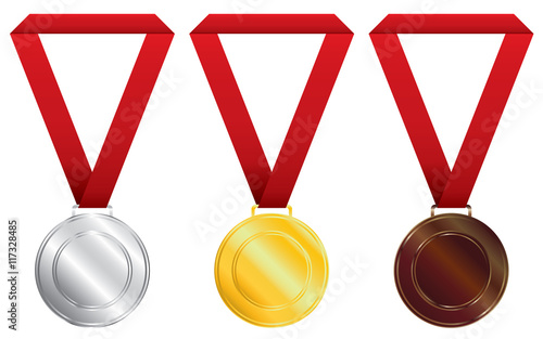 Gold and silver with bronze medal on white background. Three award medal.