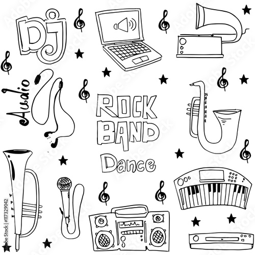 Music object doodles on white backgrounds