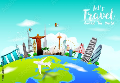 Famous monuments of the world  on planet Earth on blue sky background