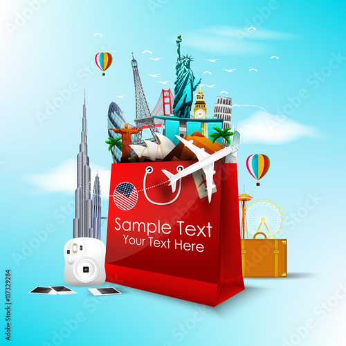 Shopping bag full of famous monument on blue sky background