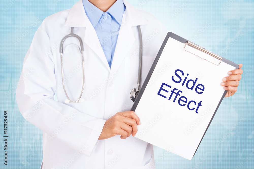 Doctor holding clipboard with side effect text on a sheet of paper on white background Doctor holding clipboard with side effect text on a sheet of paper on white background