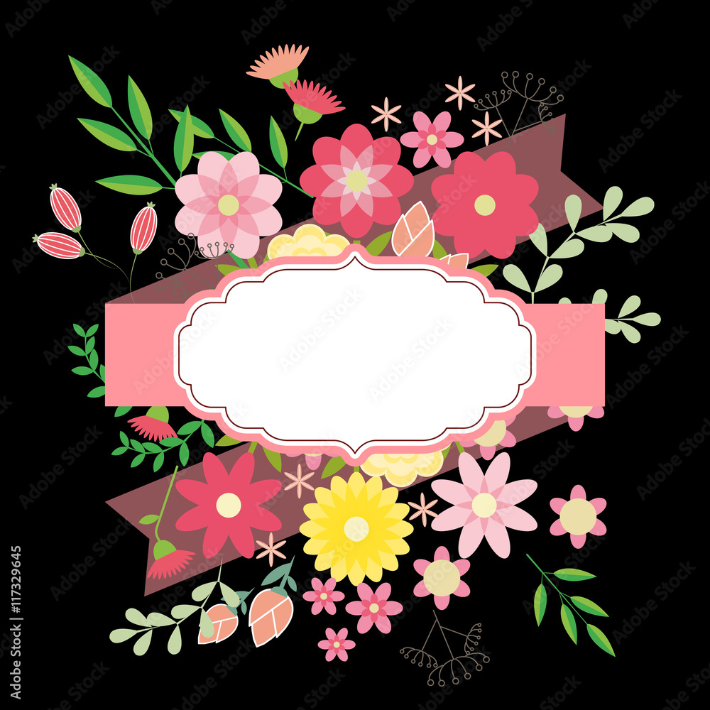 Flowers and leaves with ribbon. Floral frame for text. Vector illustration