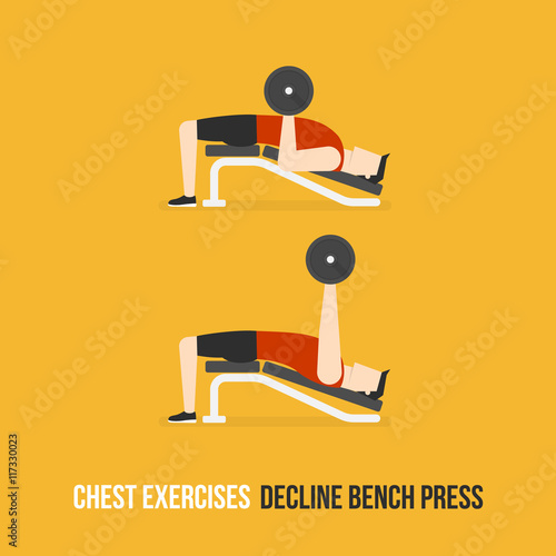 Chest Exercises. Decline Bench Press. Flat Design Bodybuilder Character Lifting Dumbbell.