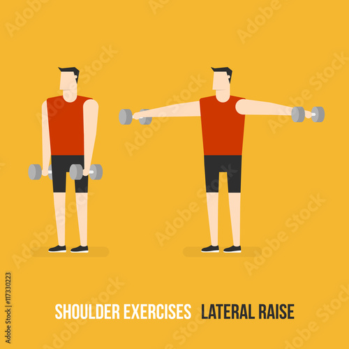 Shoulder Exercises. Lateral Raise. Flat Design Bodybuilder Character Lifting Dumbbell.