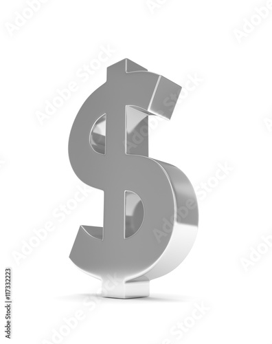 Isolated silver dollar sign on white background. American currency. Chrome silver economy symbol. 3D rendering.