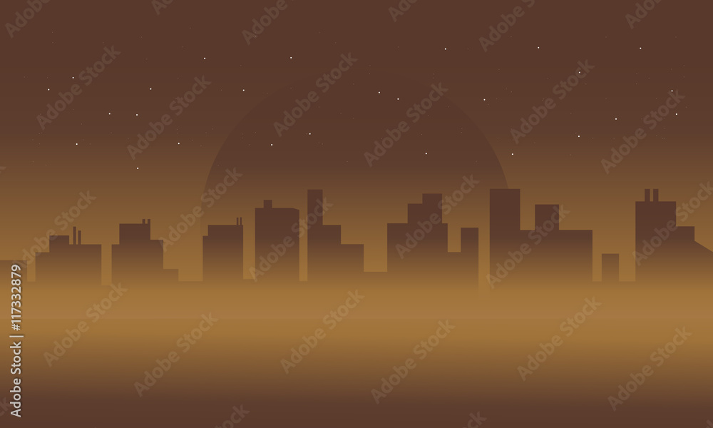 Silhouette of city in fog scenery