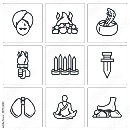Vector Set of Indian Yoga Icons. Yogi, Burning coal, Fakir, Fire, Walking on nails, Swallowing a knife, Breathing technique, Meditation.