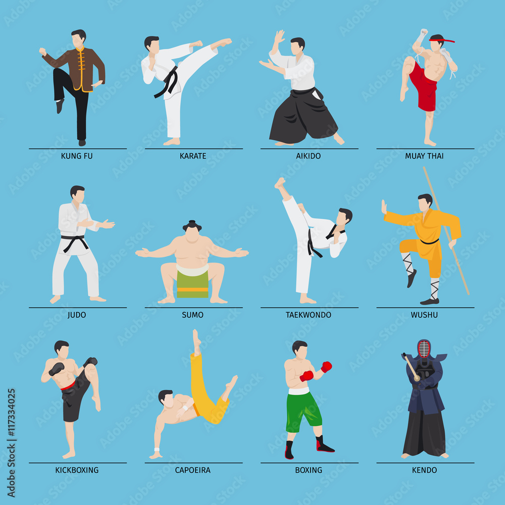 Asian martial arts vector illustration. Karate and kung fu, sumo and boxing  Stock Vector
