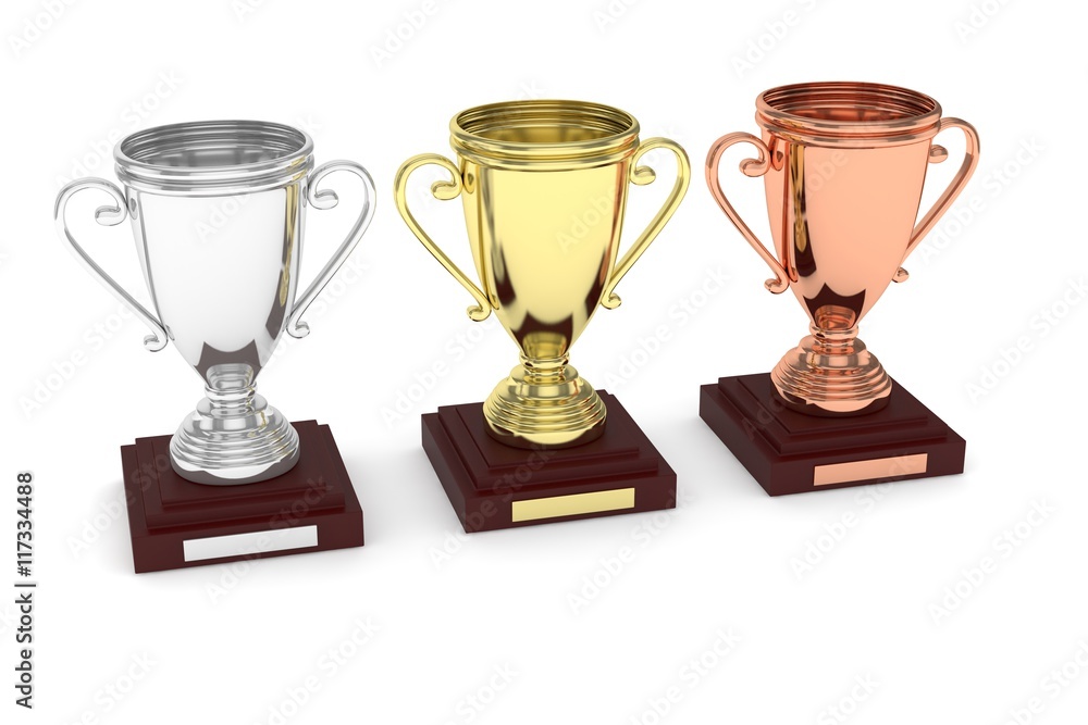 Three cups on white background. 3D rendering. Three cups on white background. 3D rendering.