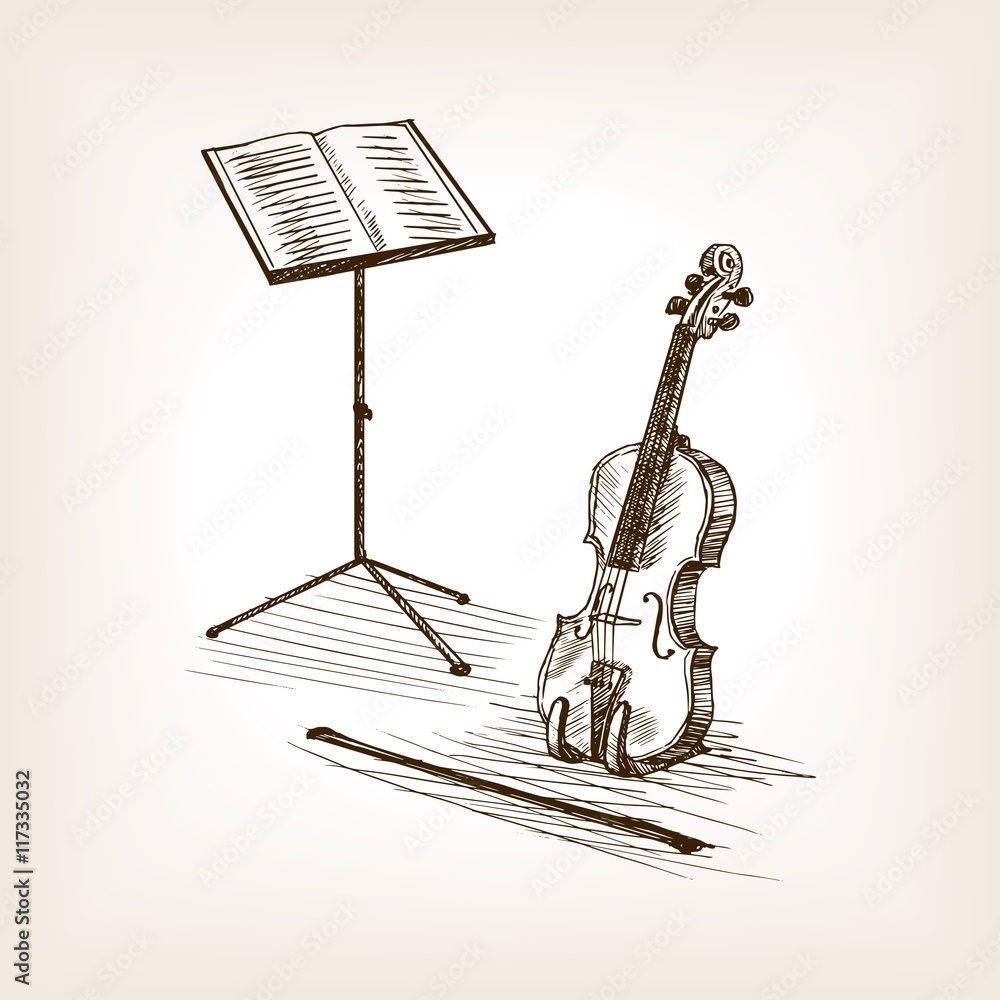 Photography Poster Violin bow music stand hand drawn sketch vector