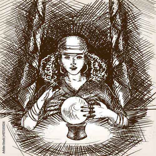 Medium woman with crystal magic ball sketch vector