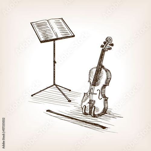 Violin bow music stand hand drawn sketch vector