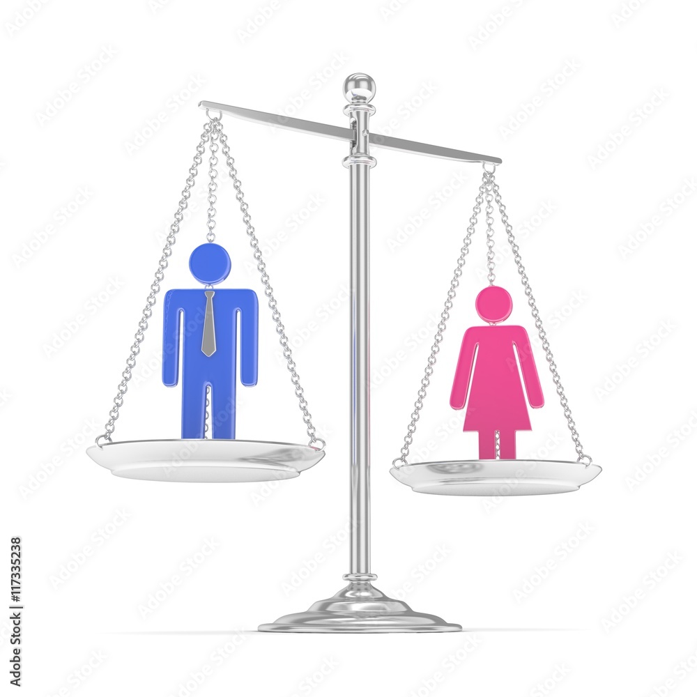 Isolated old fashioned pan scale with man and woman on white background. Gender inequality. Equality of sexes. Law issues. Colorful model. 3D rendering. Isolated old fashioned pan scale with man and woman on white background. Gender inequality. Equality of sexes. Law issues. Colorful model. 3D rendering.