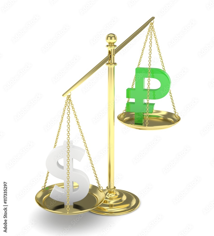 Isolated old fashioned pan scale with dollar and ruble on white background. American and russian currency. Dollar is heavier. Silver usd, green rouble. 3D rendering. Isolated old fashioned pan scale with dollar and ruble on white background. American and russian currency. Dollar is heavier. Silver usd, green rouble. 3D rendering.