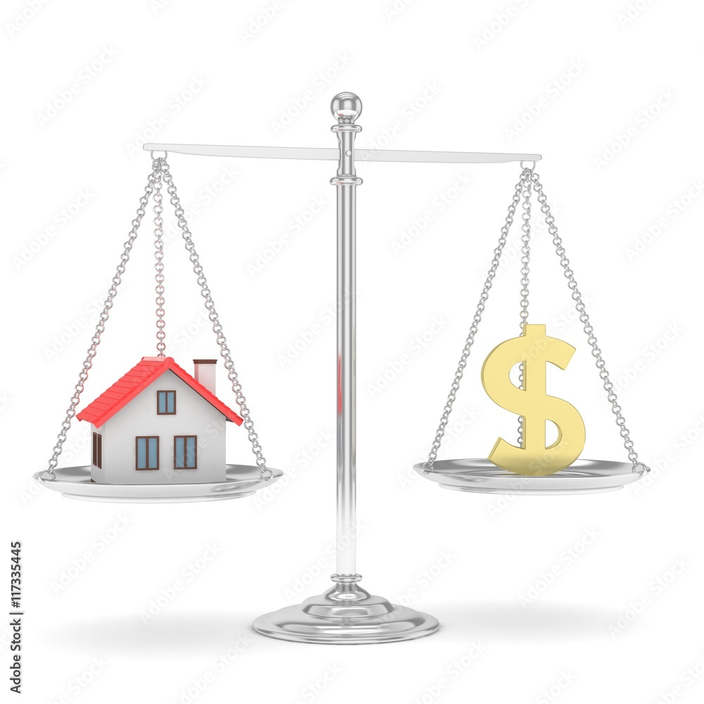 Isolated silver scales with golden dollar and house on white background. Investment or savings concept. Real estate and currency. 3D rendering. Isolated silver scales with golden dollar and house on white background. Investment or savings concept. Real estate and currency. 3D rendering.