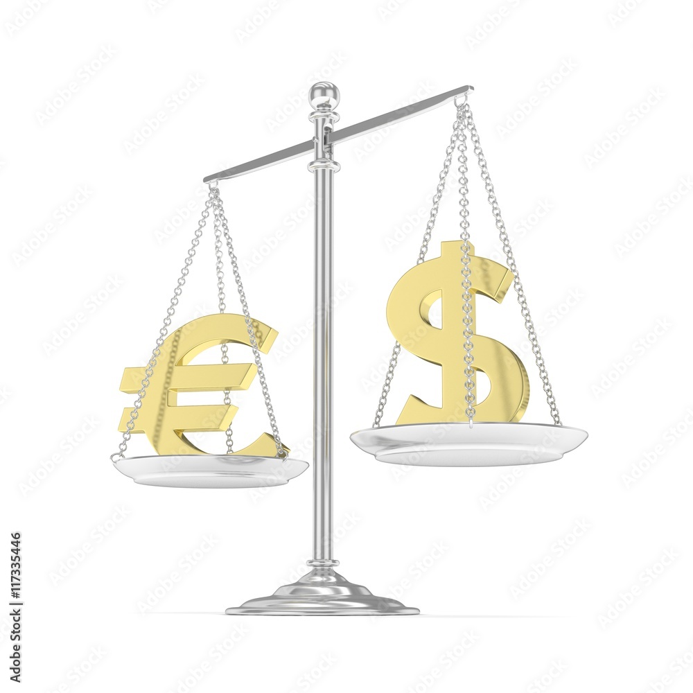 Isolated silver scales with golden dollar and euro currency. American and european finance. Measuring of market stability. 3D rendering. Isolated silver scales with golden dollar and euro currency. American and european finance. Measuring of market stability. 3D rendering.