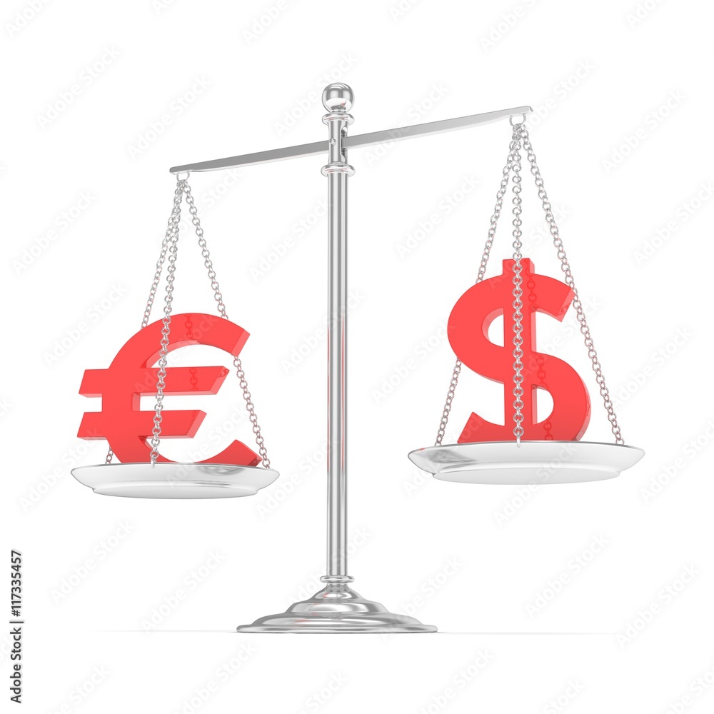 Isolated silver scales with red dollar and euro currency. American and european finance. Measuring of market stability. 3D rendering. Isolated silver scales with red dollar and euro currency. American and european finance. Measuring of market stability. 3D rendering.