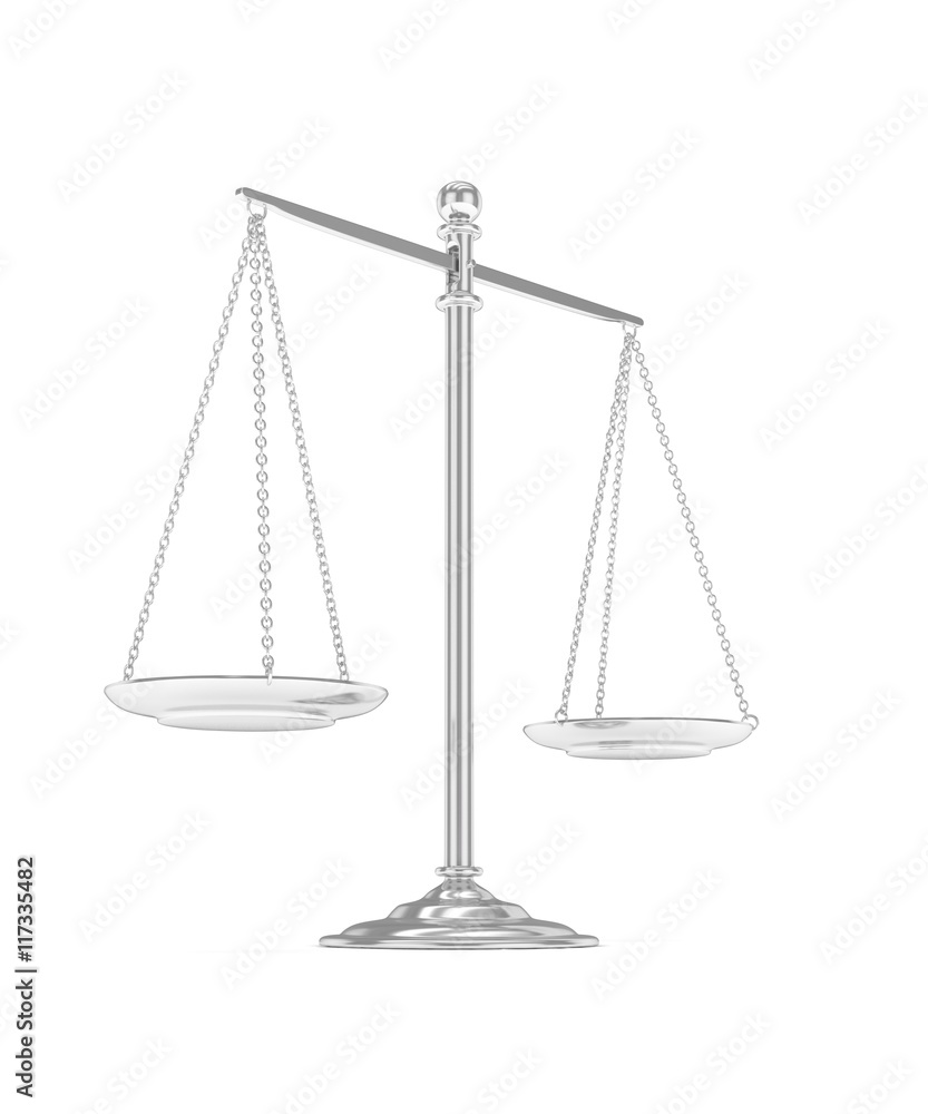 Isolated white silver scales on white background. Symbol of judgement. Law, measurement, liberty in one concept. 3D rendering. Isolated white silver scales on white background. Symbol of judgement. Law, measurement, liberty in one concept. 3D rendering.