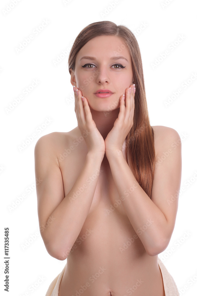 Young beautiful woman face portrait with healthy skin on blue background Young beautiful woman face portrait with healthy skin on blue background