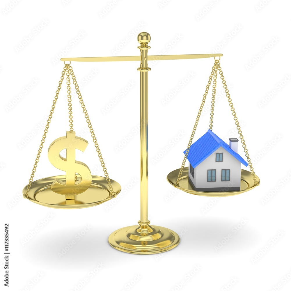 Isolated golden scales with golden dollar and house on white background. Investment or savings concept. Real estate and currency. 3D rendering. Isolated golden scales with golden dollar and house on white background. Investment or savings concept. Real estate and currency. 3D rendering.
