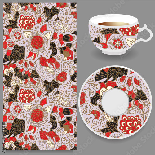 stock vector cup of coffee and seamless floral oriental ornament