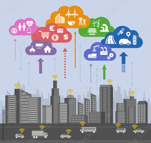 CPS (Cyber Physical System) concept image, various information upload to cloud and analytical data download to real world, Cloud Computing, Internet of Things