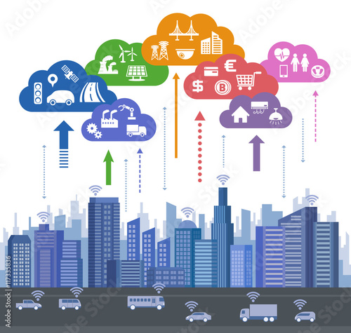 CPS (Cyber Physical System) concept image, various information upload to cloud and analytical data download to real world, Cloud Computing, Internet of Things