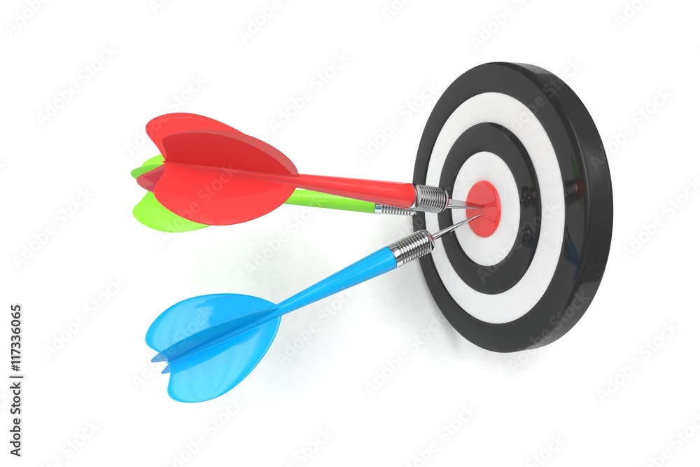 Three multicolor arrows darts in center. 3d rendering. Three multicolor arrows darts in center. 3d rendering.