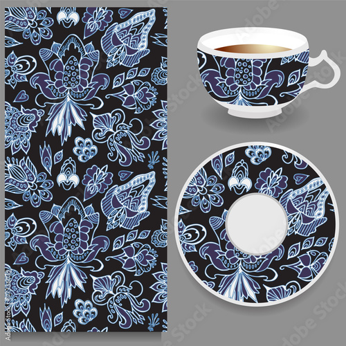 stock vector cup of coffee and seamless floral oriental ornament