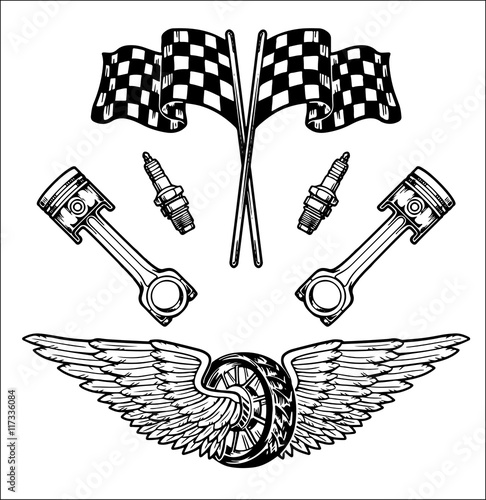 Vector biker set Hand drawn elements Repair Garage Motorcycle Biker Rider Freedom
