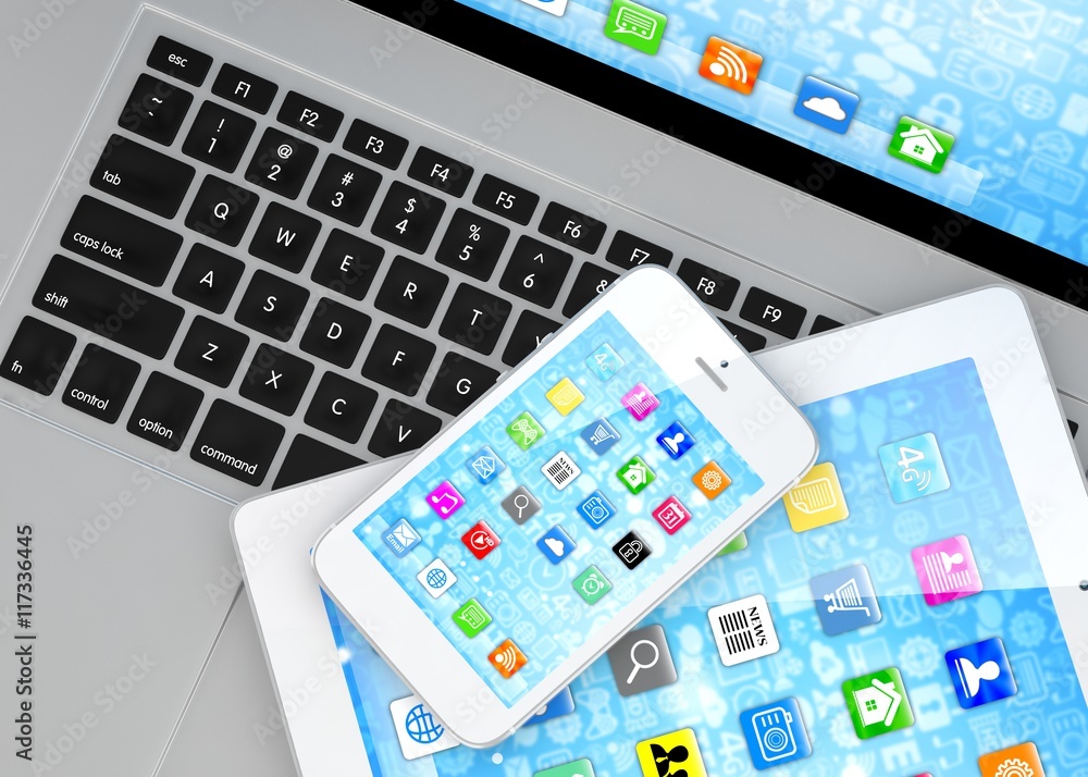 Laptop, phone and tablet pc. 3d rendering. Laptop, phone and tablet pc. 3d rendering.