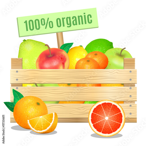 Fresh fruits in a wooden box on a white background. Vector icon.