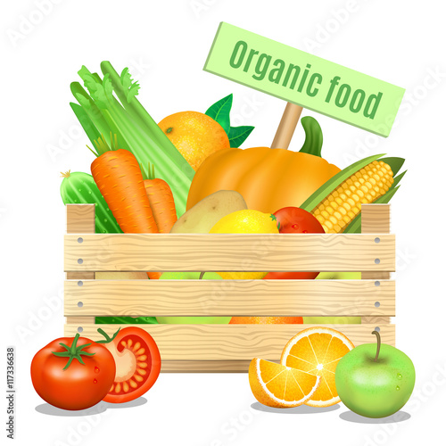 Fresh vegetables and fruits in a wooden box. Vector