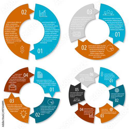Set of round infographic diagram with arrows. Circles of 2, 3, 4, 6 elements. Vector EPS10