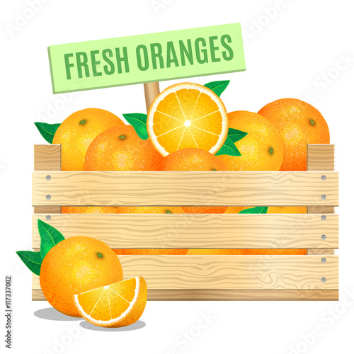 Fresh oranges in a wooden box on a white background. Vector icon