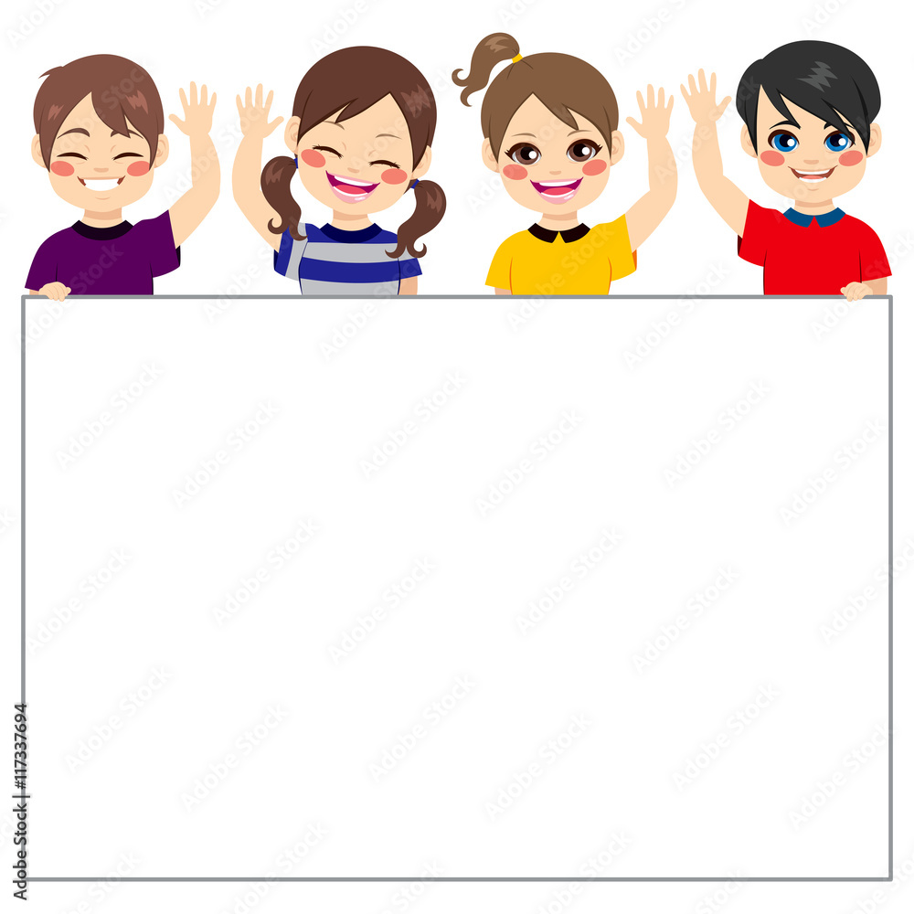 Four little kids holding blank banner waving hand saluting Four little kids holding blank banner waving hand saluting