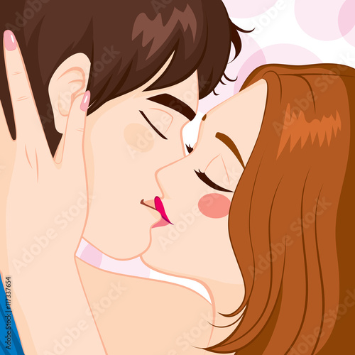 Sweet young couple joining lips together on passionate kiss