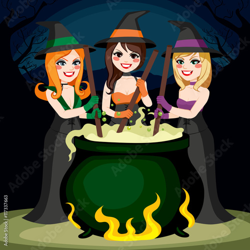 Three Halloween witches cooking potion brew in cauldron together