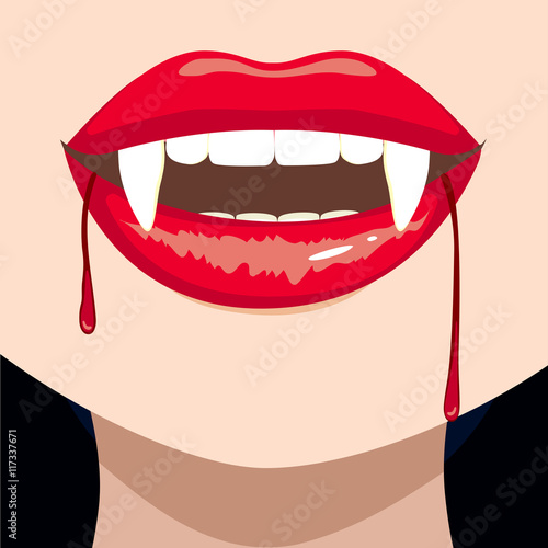 Close up of female vampire bloody mouth showing fangs